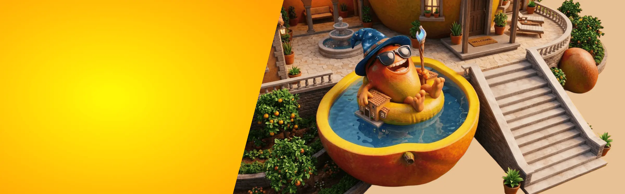 Magic Mango-mascotte in een mangovijver